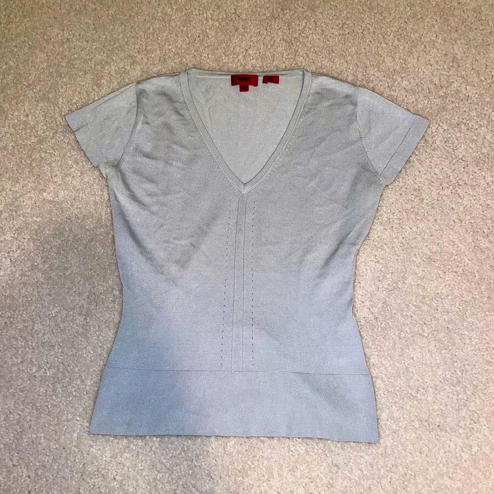 Hugo Boss V-neck silk light-blue short-sleeve fitted top